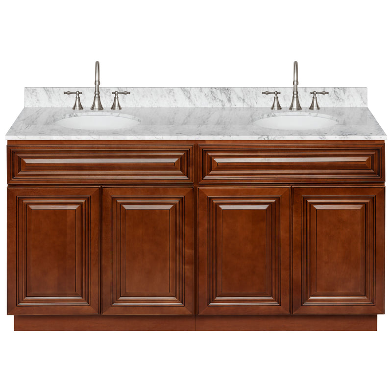 Brown Double Bathroom Vanity 60", Cara White Marble Top, Faucet LB7B CW618-60GN-7B