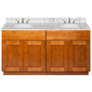 Brown Double Bathroom Vanity 60", Cara White Marble Top, Faucet LB4B CW618-60NP-4B