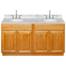 Brown Double Bathroom Vanity 60", Cara White Marble Top, Faucet LB7B CW618-60RC-7B