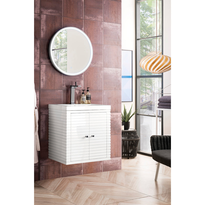 James Martin Linden 24" Single Vanity Cabinet Glossy White with White Glossy Composite Countertop E213V24GWWG