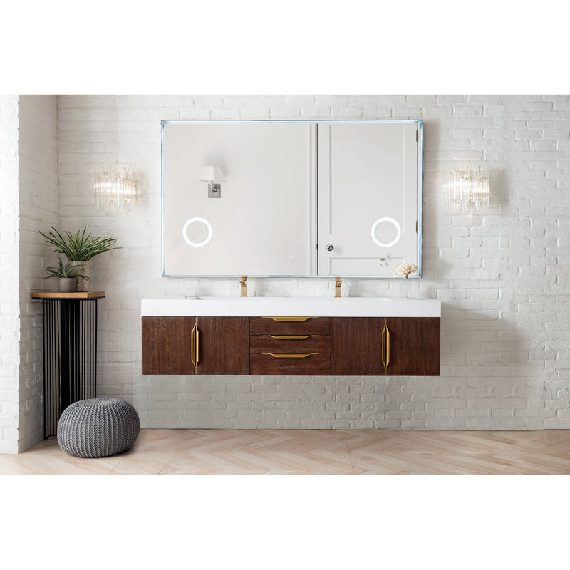 James Martin Mercer Island 72" Double Vanity Coffee Oak Radiant Gold with Glossy White Composite Top 389-V72D-CFO-G-GW