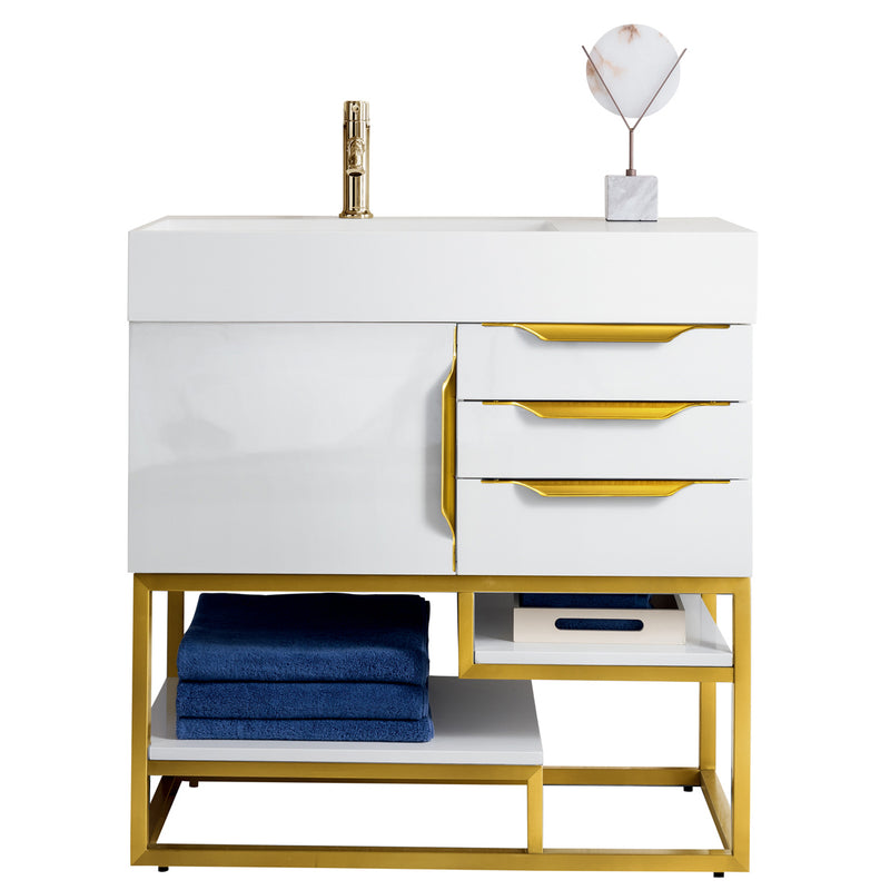 James Martin Columbia 36" Single Vanity Glossy White Radiant Gold with Glossy White Composite Top 388-V36-GW-RG-GW