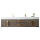 James Martin Mercer Island 72" Double Vanity Ash Gray Radiant Gold with Glossy White Composite Top 389-V72D-AGR-G-GW