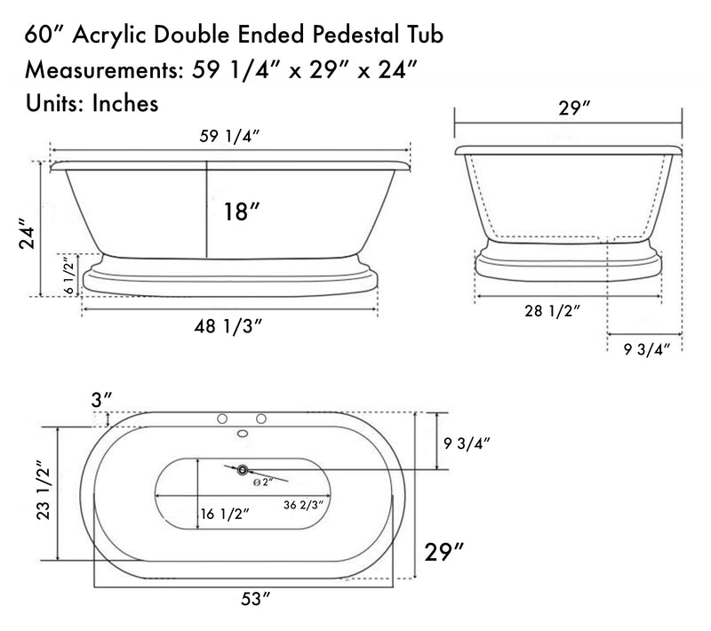 Cambridge Plumbing Acrylic Double Ended Pedestal Bathtub 60" x 30" 7" Drillings