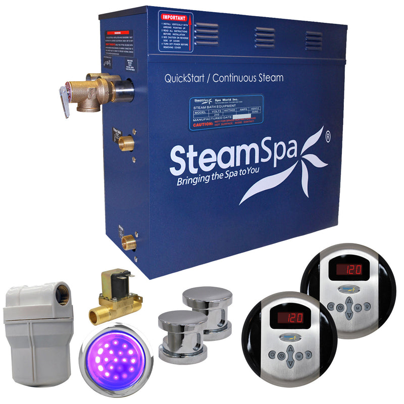 SteamSpa Royal 12 KW QuickStart Acu-Steam Bath Generator Package with Built-in Auto Drain in Polished Chrome