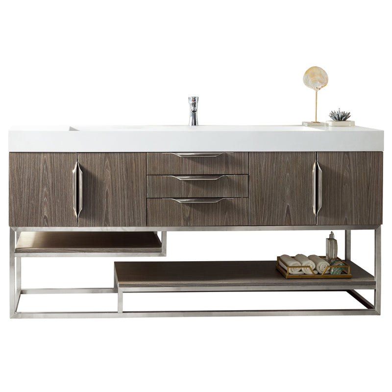 James Martin Columbia 72" Single Vanity Ash Gray with Glossy White Composite Top 388-V72S-AGR-BN-GW