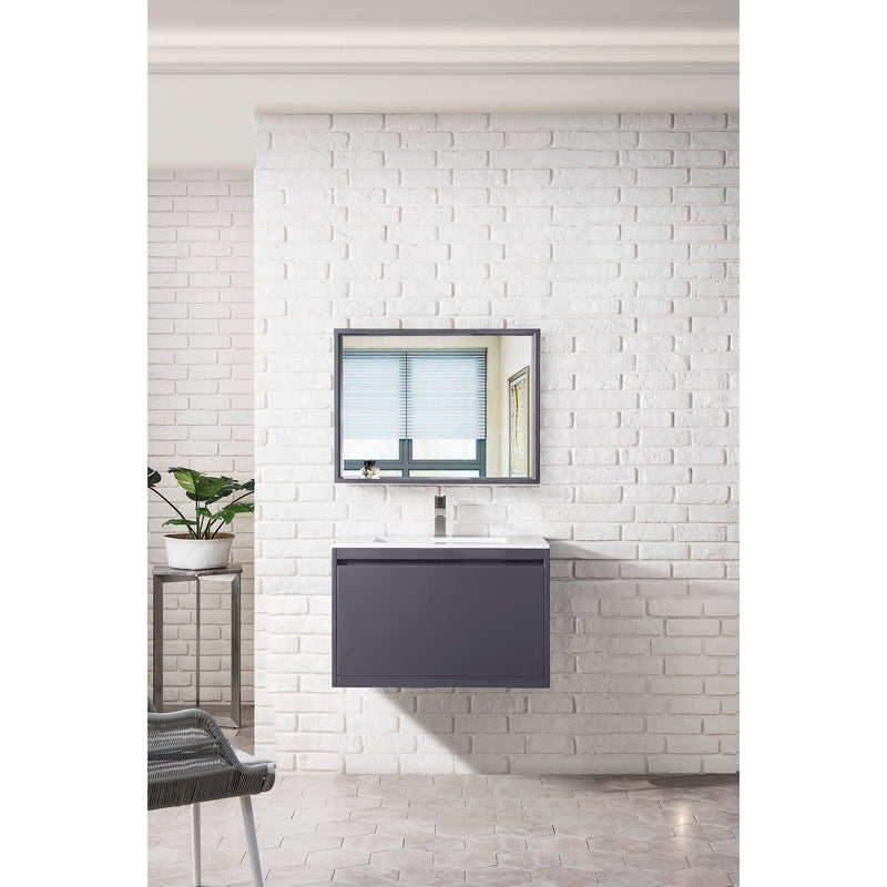 James Martin Milan 31.5" Single Vanity Cabinet Modern Gray Glossy with Glossy White Composite Top 801V31.5MGGGW