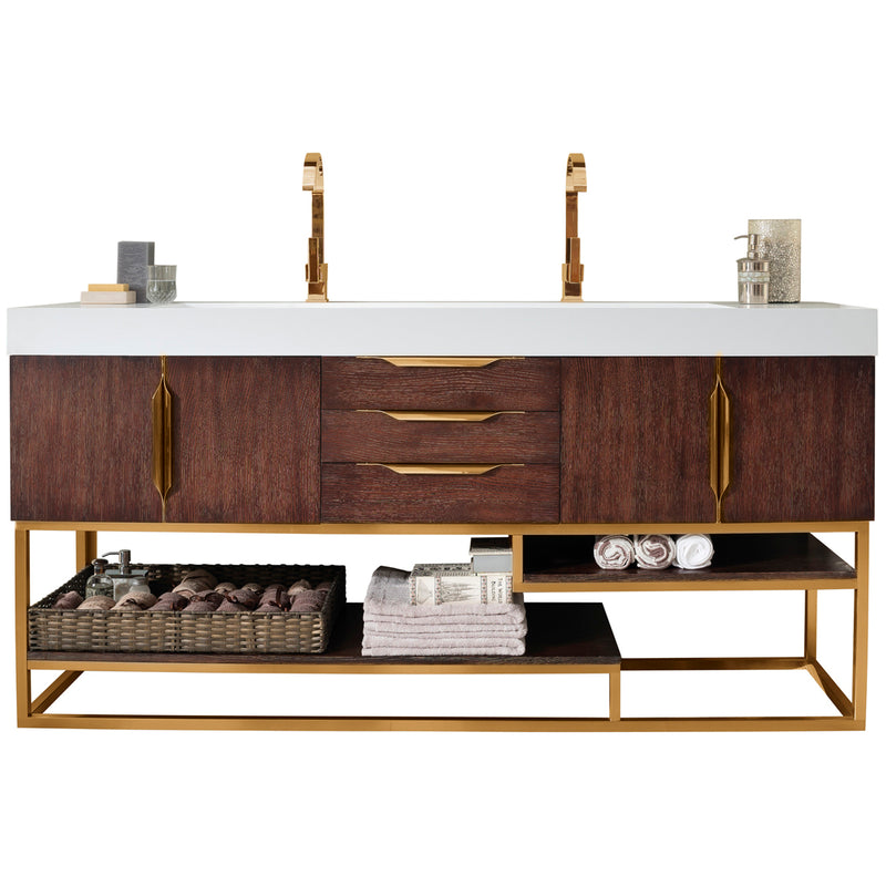 James Martin Columbia 72" Double Vanity Coffee Oak Radiant Gold with Glossy White Composite Top 388-V72D-CFO-RG-GW