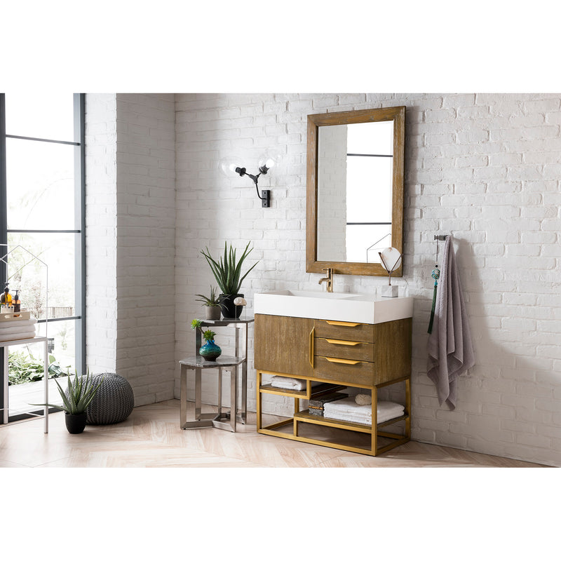 James Martin Columbia 36" Single Vanity Latte Oak Radiant Gold with Glossy White Composite Top 388-V36-LTO-RG-GW