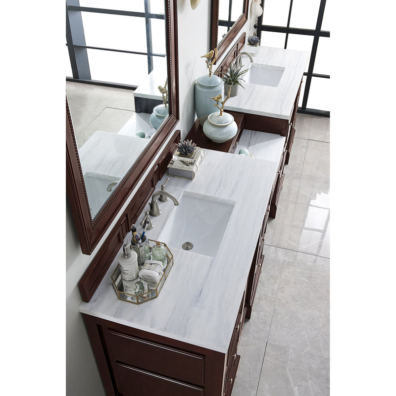 James Martin De Soto 118" Double Vanity Set Burnished Mahogany with Makeup Table 3 cm Arctic Fall Solid Surface Top 825-V118-BNM-DU-AF