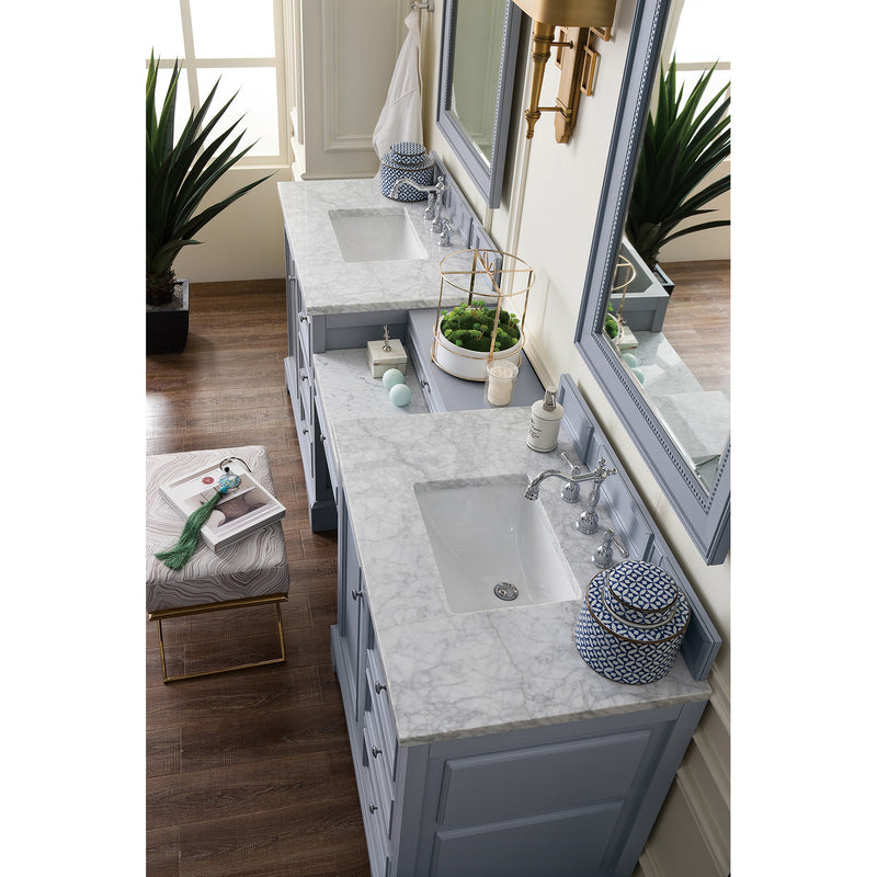 James Martin De Soto 94" Double Vanity Set Silver Gray with Makeup Table 3 cm Carrara Marble Top 825-V94-SL-DU-CAR