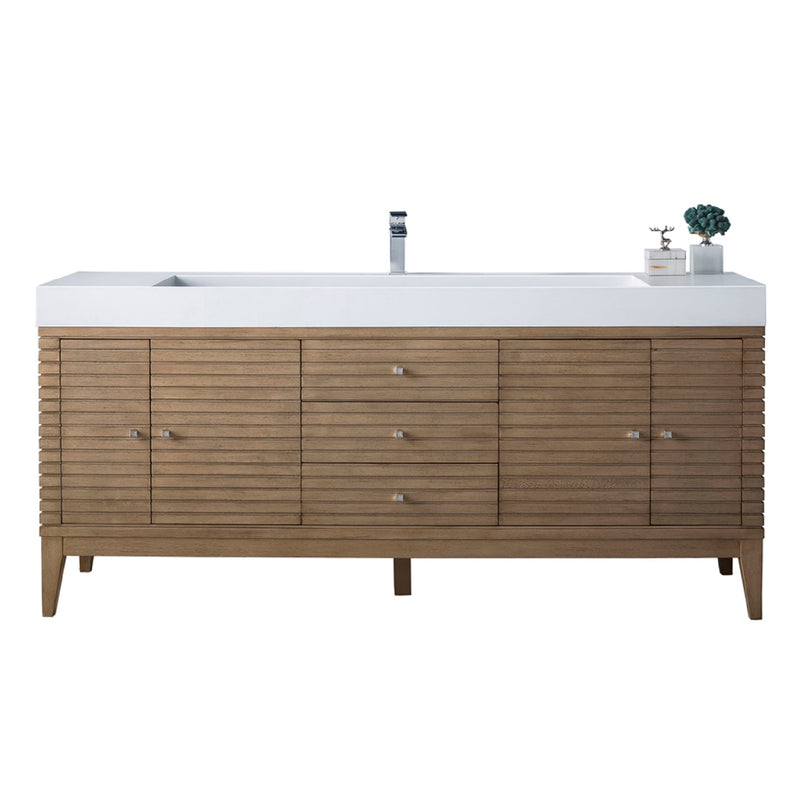 James Martin Linear 72" Single Vanity Whitewashed Walnut with Glossy White Composite Top 210-V72S-WW-GW