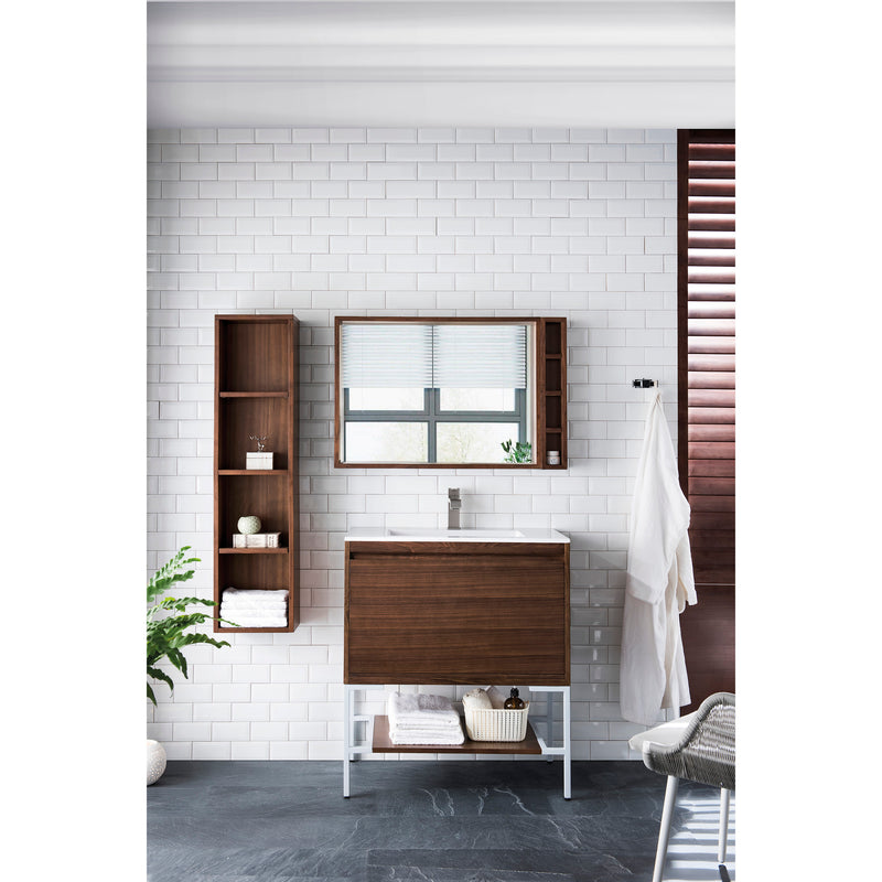 James Martin Milan 31.5" Single Vanity Cabinet Mid Century Walnut Glossy White with Glossy White Composite Top 801V31.5WLTGWGW