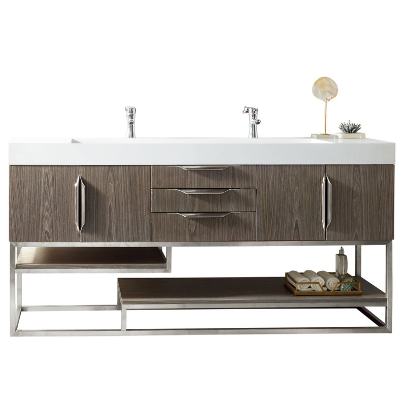 James Martin Columbia 72" Double Vanity Ash Gray with Glossy White Composite Top 388-V72D-AGR-BN-GW