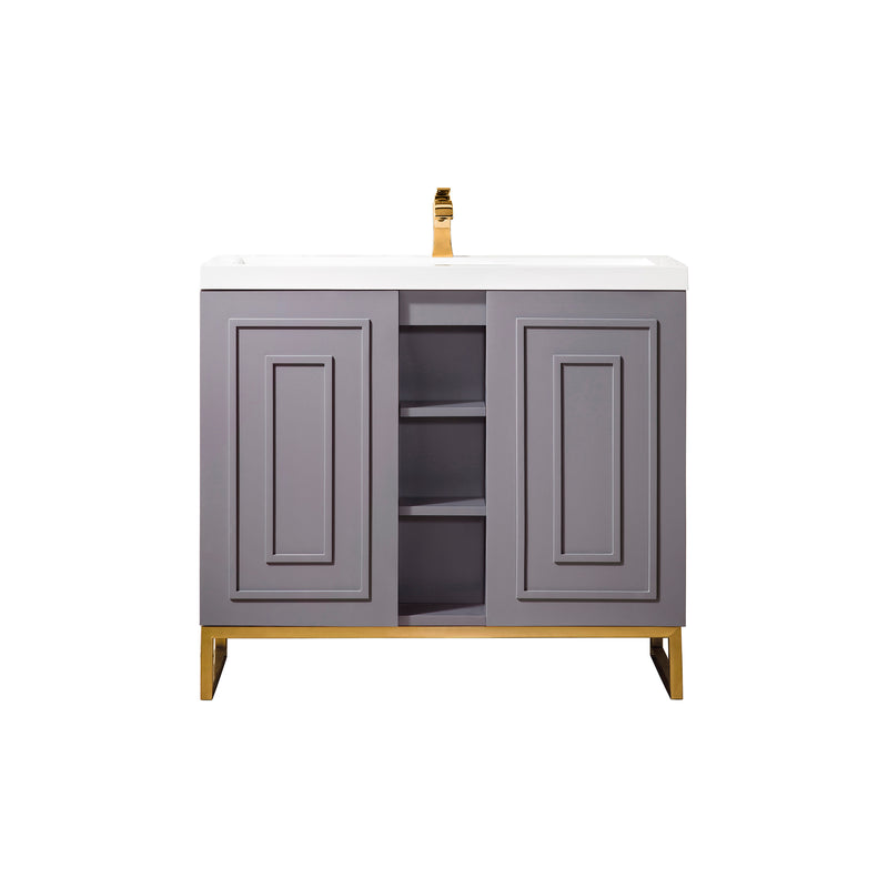 James Martin Alicante' 39.5" Single Vanity Cabinet Grey Smoke Radiant Gold with White Glossy Resin Countertop E110-V39.5-GSM-RGD-WG