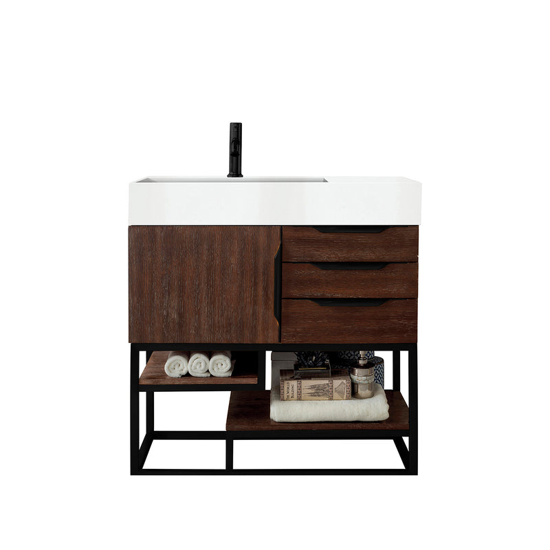 James Martin Columbia 36" Single Vanity Coffee Oak Matte Black with Glossy White Composite Top 388-V36-CFO-MB-GW