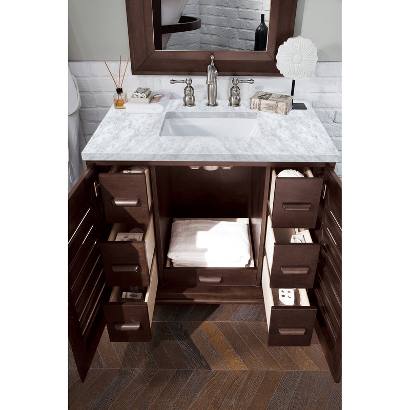 James Martin Portland 36" Single Vanity Burnished Mahogany with 3 cm Carrara Marble Top 620-V36-BNM-3CAR