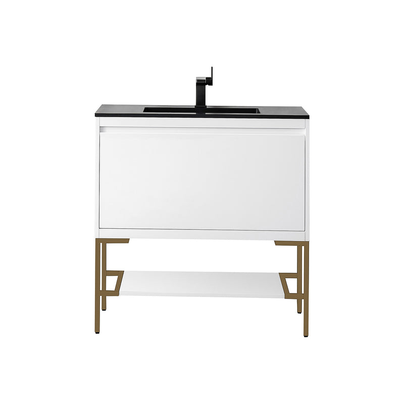 James Martin Milan 35.4" Single Vanity Cabinet Glossy White Radiant Gold with Charcoal Black Composite Top 801V35.4GWRGDCHB