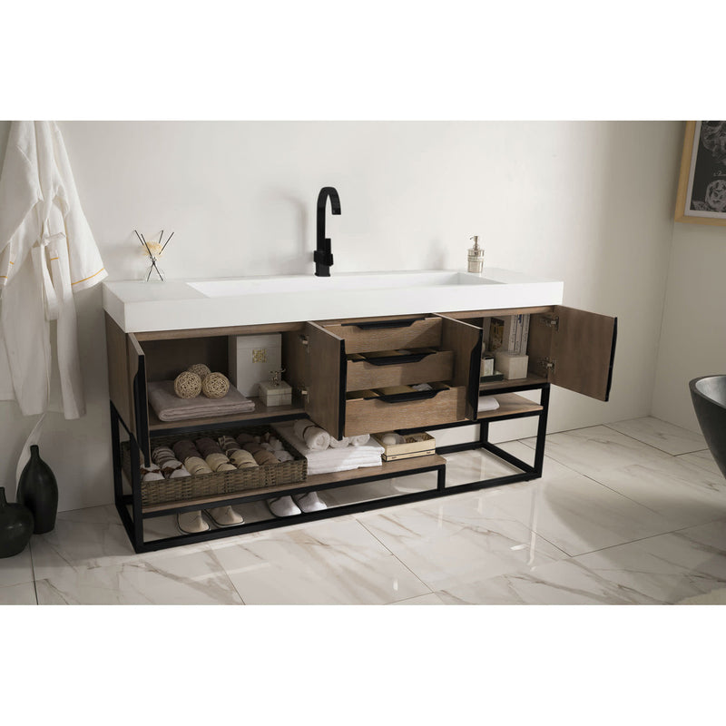 James Martin Columbia 72" Single Vanity Latte Oak Matte Black with Glossy White Composite Top 388-V72S-LTO-MB-GW