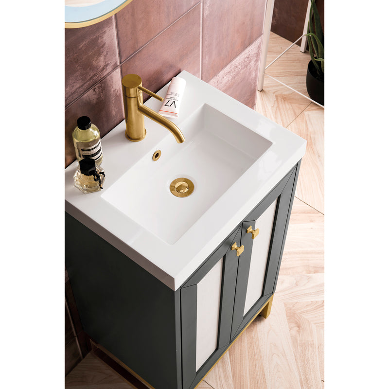 James Martin Chianti 20" Single Vanity Cabinet Mineral Gray Radiant Gold with White Glossy Resin Countertop E303-V20-MG-RGD-WG