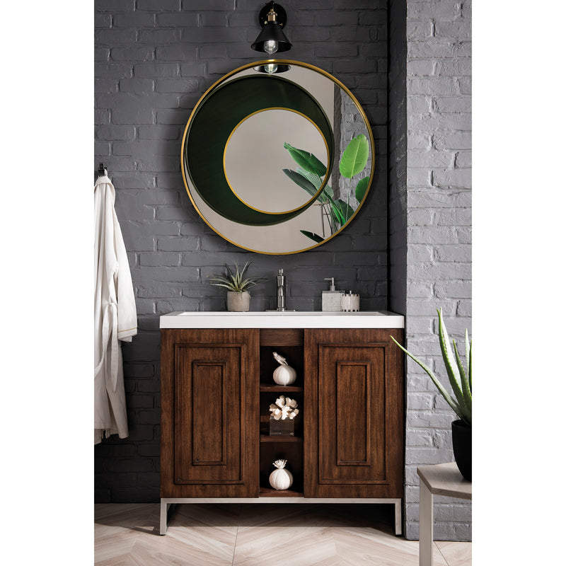 James Martin Alicante' 39.5" Single Vanity Cabinet Mid Century Acacia Brushed Nickel with White Glossy Resin Countertop E110-V39.5-MCA-BNK-WG