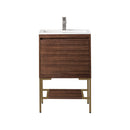 James Martin Milan 23.6" Single Vanity Cabinet Mid Century Walnut Radiant Gold with Glossy White Composite Top 801V23.6WLTRGDGW