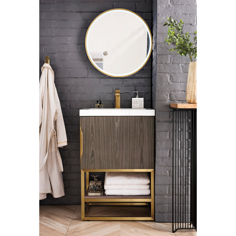 James Martin Columbia 24" Single Vanity Cabinet Ash Gray Radiant Gold with White Glossy Resin Countertop 388-V24-AGR-RGD-WG