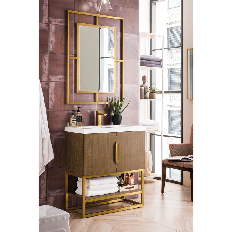 James Martin Columbia 31.5" Single Vanity Cabinet Latte Oak Radiant Gold with White Glossy Resin Countertop 388-V31.5-LTO-RGD-WG