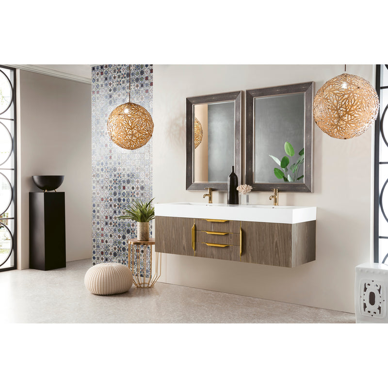 James Martin Mercer Island 59" Double Vanity Ash Gray Radiant Gold with Glossy White Composite Top 389-V59D-AGR-G-GW