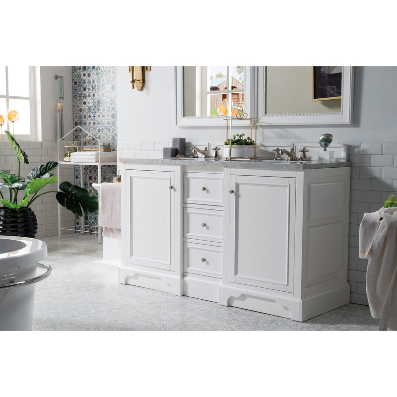 James Martin De Soto 60" Double Vanity Bright White with 3 cm Carrara Marble Top 825-V60D-BW-3CAR