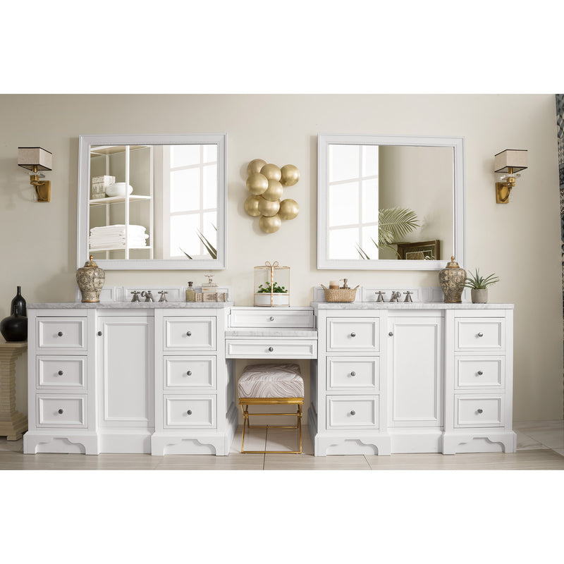 James Martin De Soto 118" Double Vanity Set Bright White with Makeup Table 3 cm Carrara Marble Top 825-V118-BW-DU-CAR