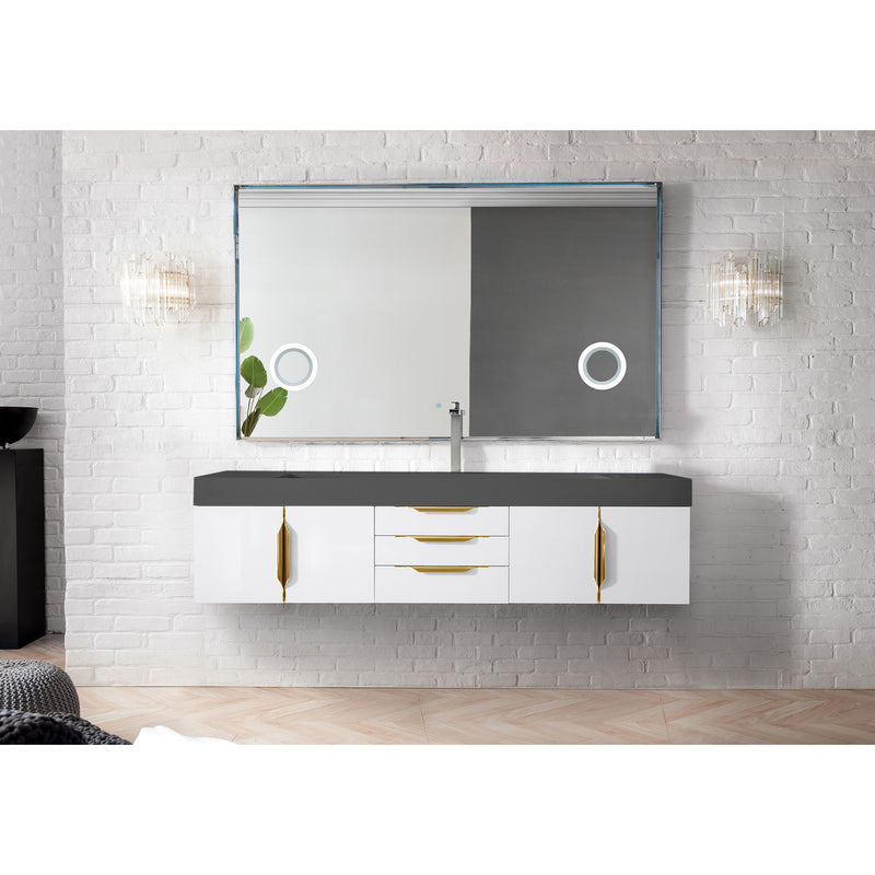 James Martin Mercer Island 72" Single Vanity Glossy White Radiant Gold with Dusk Gray Glossy Composite Top 389-V72S-GW-G-DGG