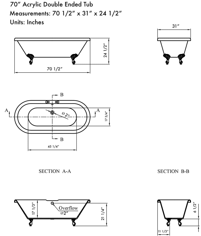 Cambridge Plumbing Acrylic Double Ended Clawfoot Bathtub 70" x 30" 7" Drillings BN Package