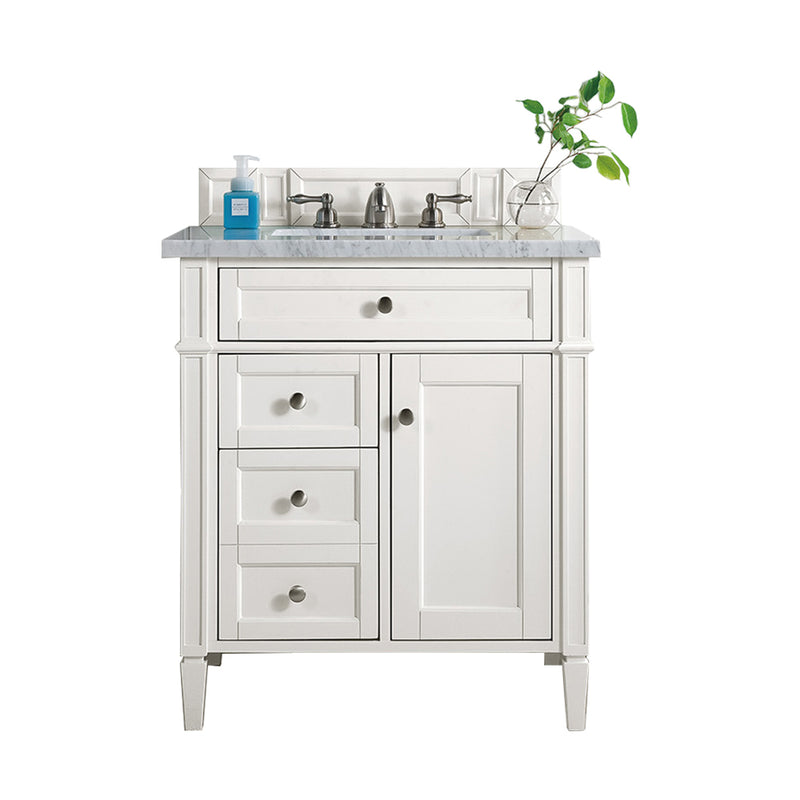 James Martin Brittany 30" Single Vanity Bright White with 3 cm Arctic Fall Solid Surface Top 650-V30-BW-3AF