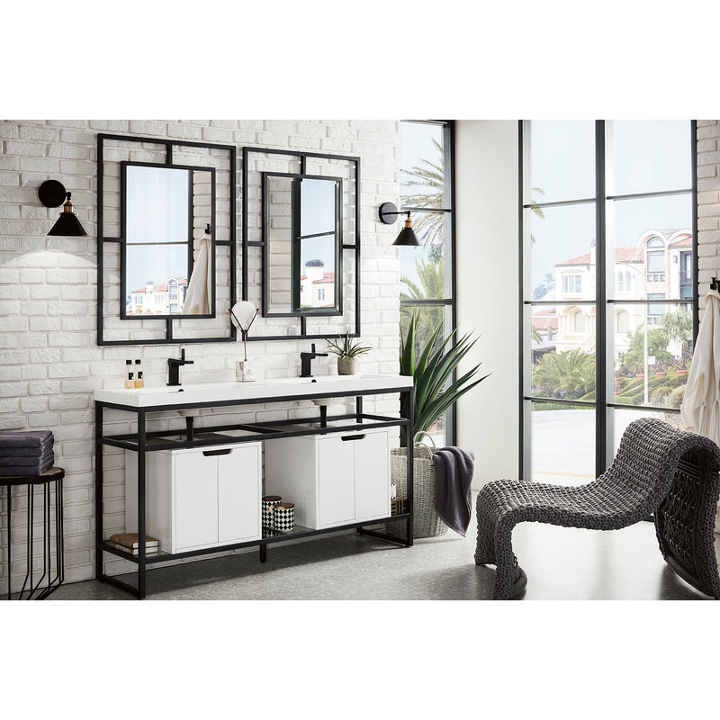 James Martin Boston 63" Stainless Steel Sink Console Double Basins Matte Black with Glossy White Storage Cabinet White Glossy Composite Countertop C105V63MBKSCGWWG