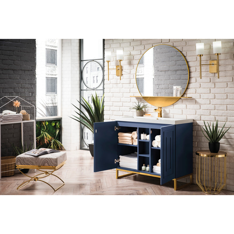 James Martin Alicante' 39.5" Single Vanity Cabinet Azure Blue Radiant Gold with White Glossy Resin Countertop E110-V39.5-AZB-RGD-WG