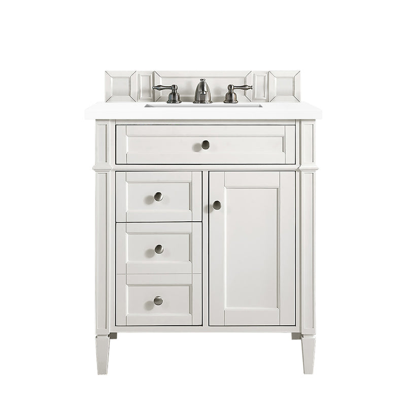 James Martin Brittany 30" Single Vanity Bright White with 3 cm Classic White Quartz Top 650-V30-BW-3CLW