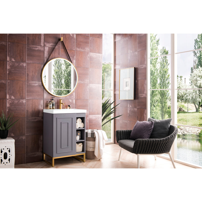 James Martin Alicante' 24" Single Vanity Cabinet Gray Smoke Radiant Gold with White Glossy Resin Countertop E110-V24-GSM-RGD-WG