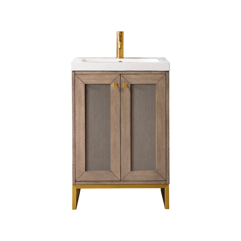 James Martin Chianti 24" Single Vanity Cabinet Whitewashed Walnut Radiant Gold with White Glossy Composite Countertop E303V24WWRGDWG
