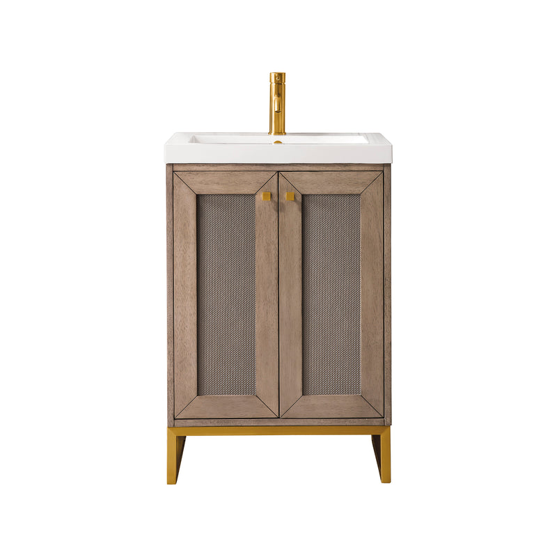 James Martin Chianti 24" Single Vanity Cabinet Whitewashed Walnut Radiant Gold with White Glossy Resin Countertop E303-V24-WW-RGD-WG