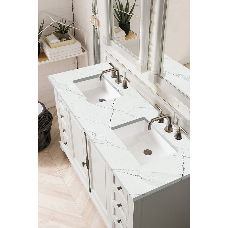 James Martin Providence 60" Double Vanity Cabinet Bright White with 3 cm Ethereal Noctis Quartz Top 238-105-V60D-BW-3ENC