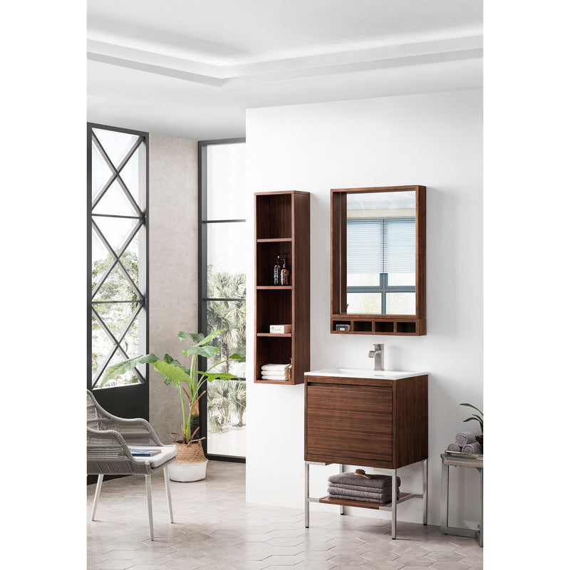 James Martin Milan 23.6" Single Vanity Cabinet Mid Century Walnut Brushed Nickel with Glossy White Composite Top 801V23.6WLTBNKGW