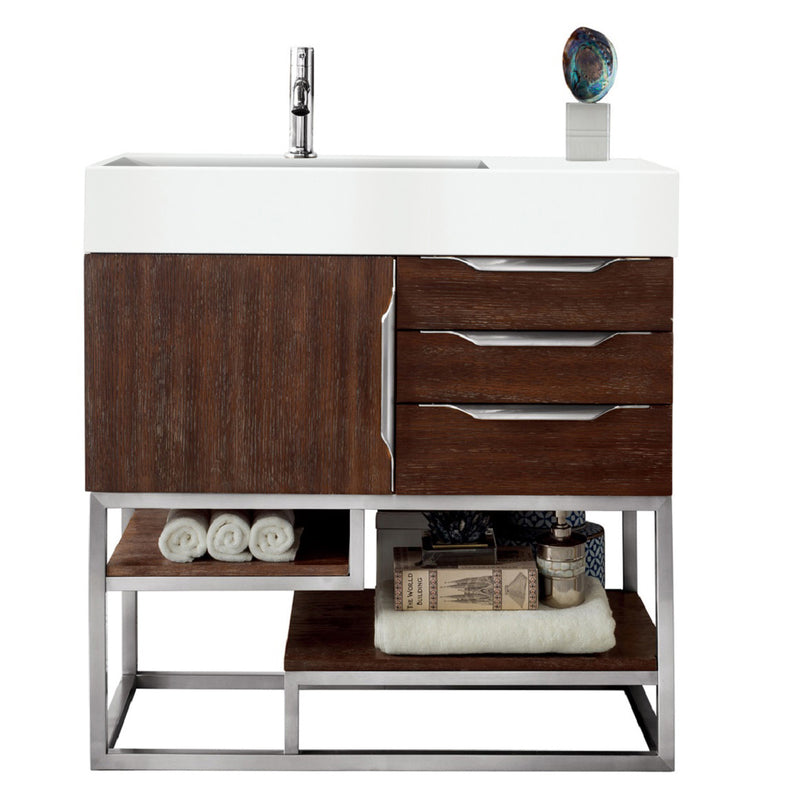 James Martin Columbia 36" Single Vanity Coffee Oak with Glossy White Composite Top 388-V36-CFO-BN-GW