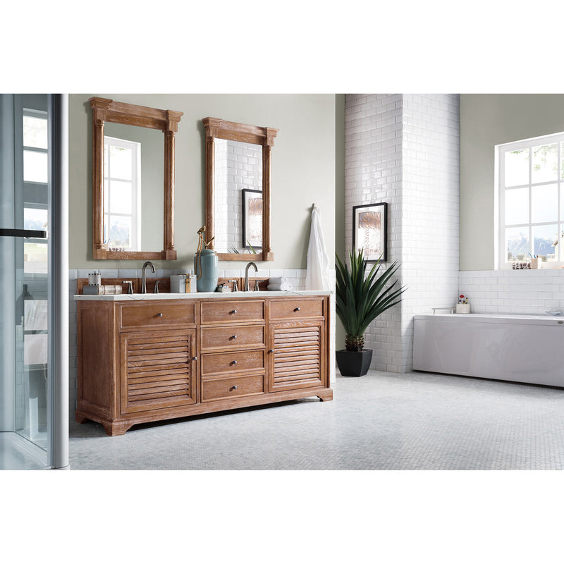 James Martin Savannah 72" Double Vanity Cabinet Driftwood with 3 cm Ethereal Noctis Quartz Top 238-104-5711-3ENC