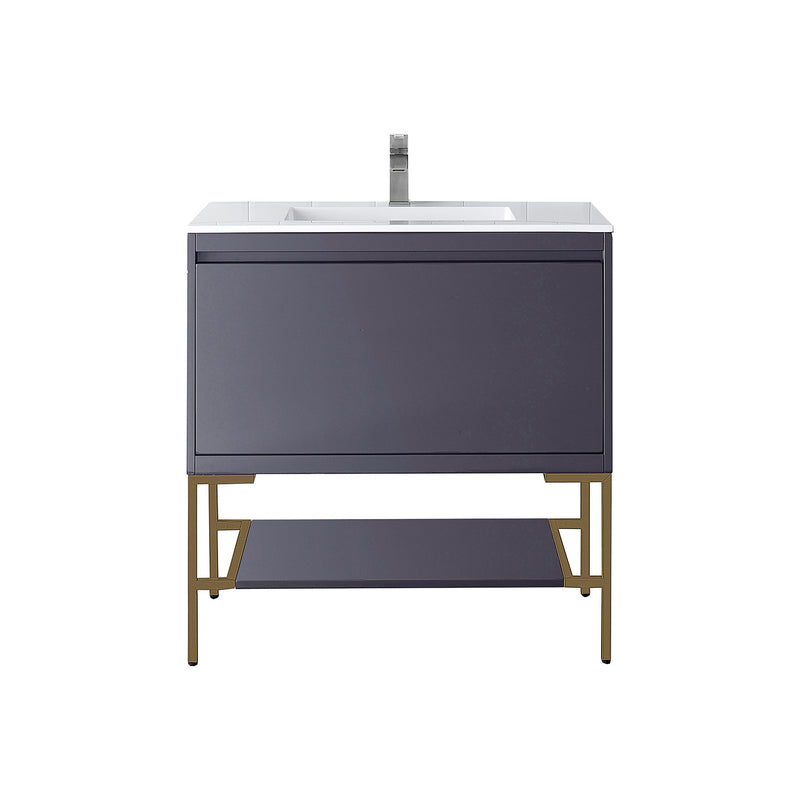 James Martin Milan 35.4" Single Vanity Cabinet Modern Grey Glossy Radiant Gold with Glossy White Composite Top 801V35.4MGGRGDGW