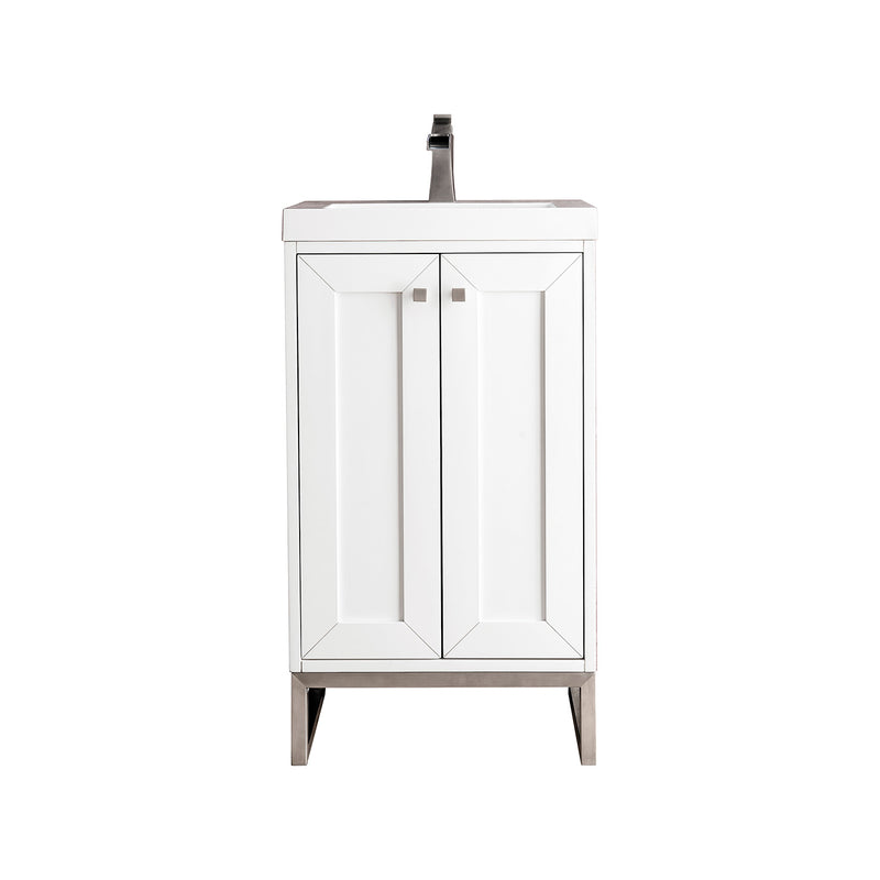 James Martin Chianti 20" Single Vanity Cabinet Glossy White Brushed Nickel with White Glossy Composite Countertop E303V20GWBNKWG