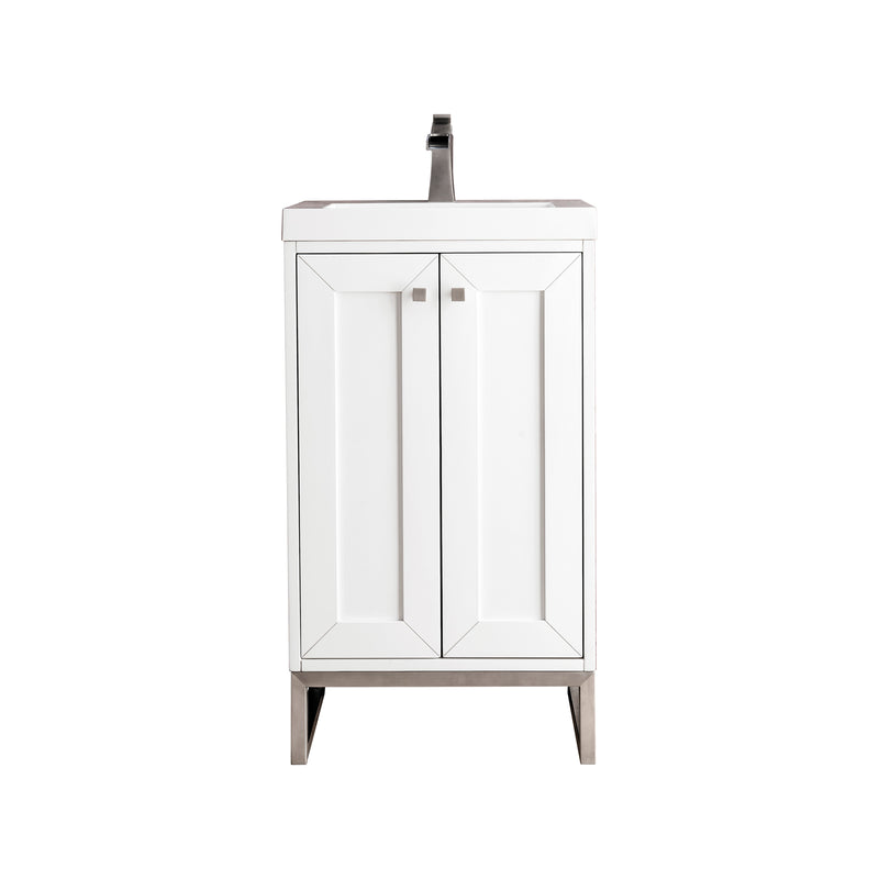 James Martin Chianti 20" Single Vanity Cabinet Glossy White Brushed Nickel with White Glossy Resin Countertop E303-V20-GW-BNK-WG