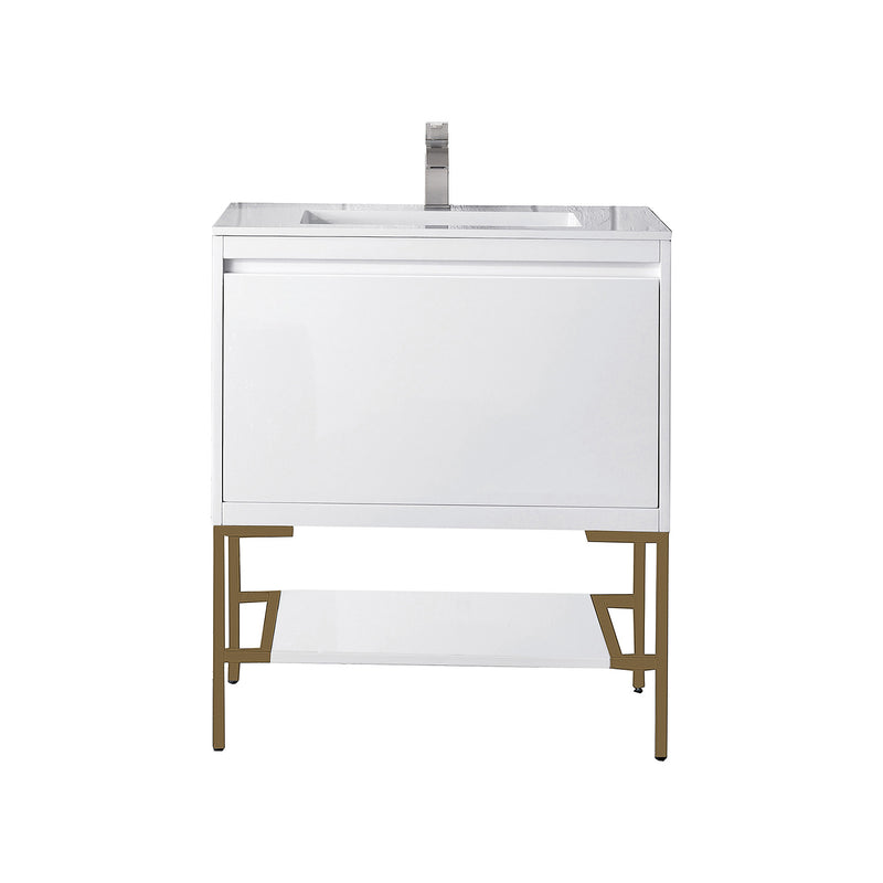 James Martin Milan 31.5" Single Vanity Cabinet Glossy White Radiant Gold with Glossy White Composite Top 801V31.5GWRGDGW