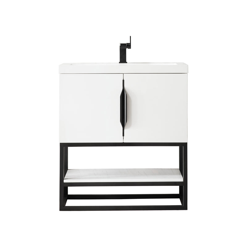 James Martin Columbia 31.5" Single Vanity Cabinet Glossy White Matte Black with White Glossy Resin Countertop 388-V31.5-GW-MBK-WG