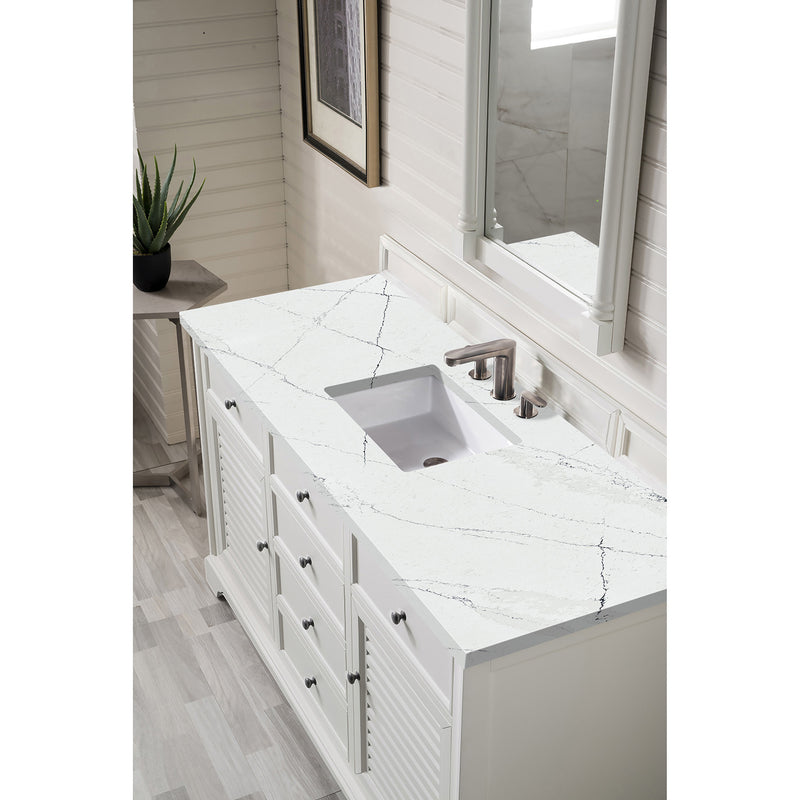 James Martin Providence 60" Single Vanity Cabinet Bright White with 3 cm Ethereal Noctis Quartz Top 238-105-V60S-BW-3ENC